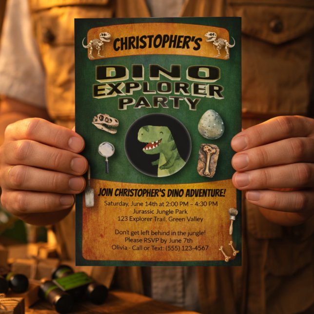 Dinosaurier-Themen-Geburtstagsfeier Einladung (Dino Explorer Dinosaur Themed Part Invitation. Invite guests to discovery, stomp and roar. )