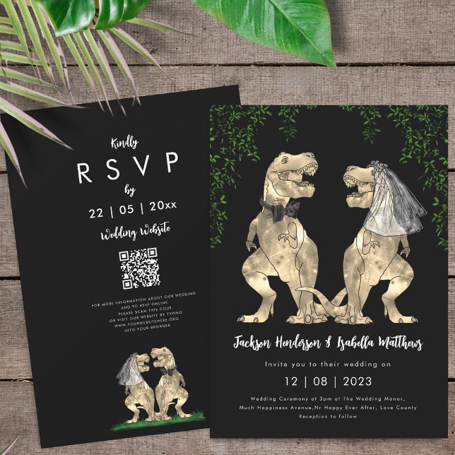 Dinosaurier-Themen-Hochzeit-QR-Code Einladung (T-Rex bride and groom dinosaur black & white wedding invitation with online rsvp qr code)