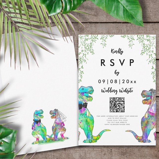 Dinosaurier-Themenhochzeit Antwort QR-Code (T-Rex bride and groom colorful dinosaur wedding invitation RSVP enclosure card with website QR code)