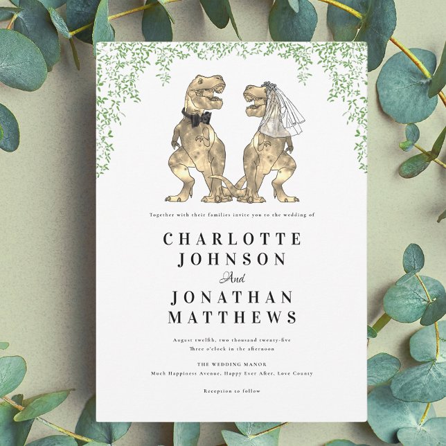 Dinosaurier-Themenhochzeit Einladung (Dinosaur theme wedding with greenery invitation)