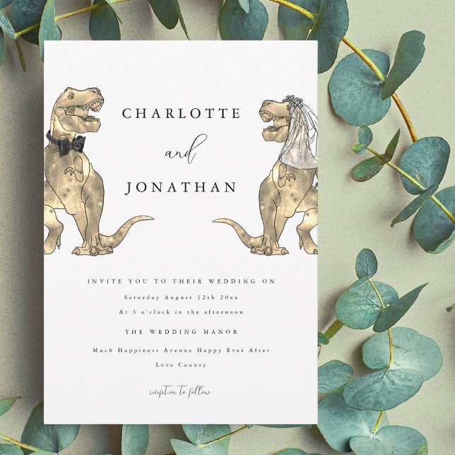 Dinosaurier-Themenhochzeit Einladung (Dinosaur theme wedding invitation modern elegant typography funny T-Rex bride and groom dino )