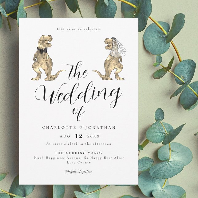 Dinosaurier-Themenhochzeit Einladung (Dinosaur theme wedding elegant modern script invitation funny T-Rex dino bride and groom)