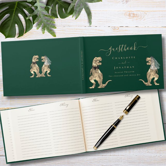 Dinosaurier-Themenhochzeit Grün Gästebuch ( Dinosaur bride and groom wedding dark green custom guest book with funny T-Rex bride and groom dino)