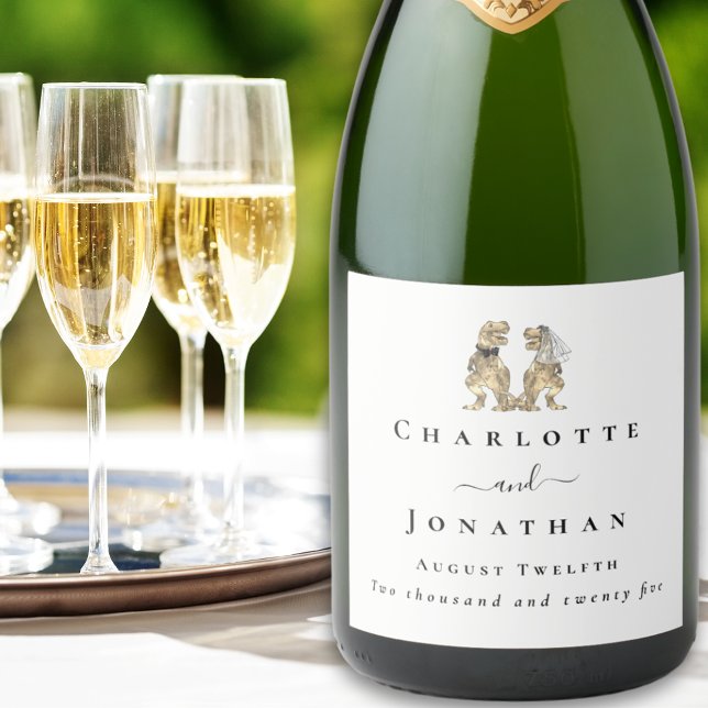Dinosaurier-Themenhochzeit nach Maß (Dinosaur themed wedding T-Rex bride and groom custom sparkling wine labels)