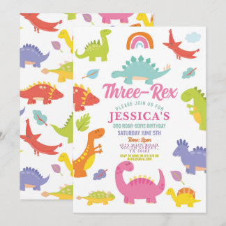 Dinosaurier Three Rex Niedlich Girls Pink Party Einladung