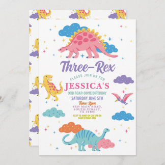 Dinosaurier Three Rex Niedlich Girls Pink Party Einladung