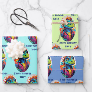 Dinosaurier Tough Kid Name 3 Geburtstag hinzufügen Geschenkpapier Set