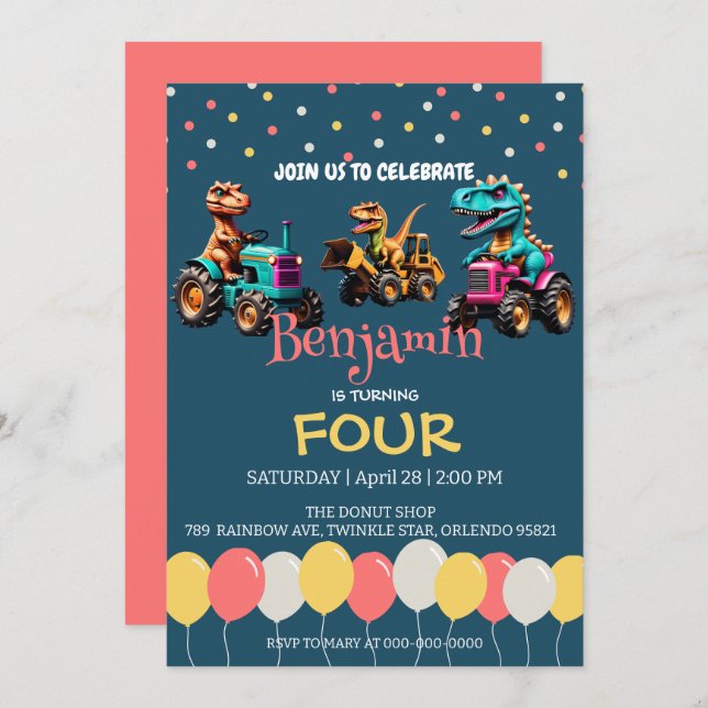 Dinosaurier Traktor Ballon Schule Geburtstag Einladung (Vorne/Hinten)