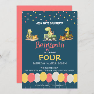 Dinosaurier Traktor Ballon Schule Geburtstag Einladung