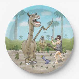 Dinosaurier treffen auf die Steinzeit Pappteller