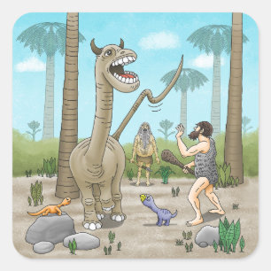 Dinosaurier treffen auf die Steinzeit Quadratischer Aufkleber