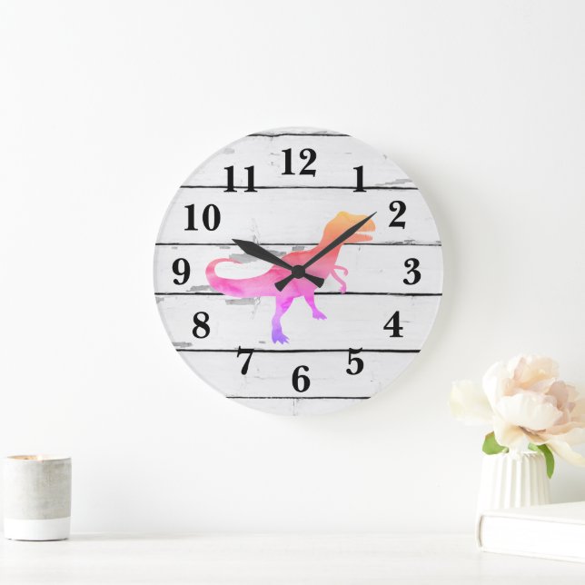Dinosaurier Trex Rosa Dekor Rustikale Shiplap Große Wanduhr (Zuhause)