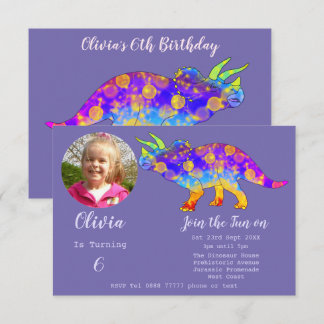 Dinosaurier Triceratops Girls Geburtstag Lila Foto Einladung