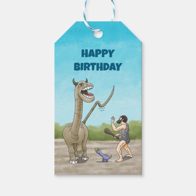 Dinosaurier trifft auf die Steinzeit Geschenkanhänger (Vorderseite)