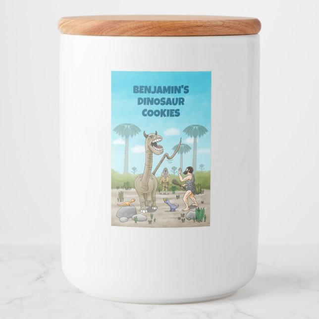 Dinosaurier trifft auf die Steinzeit Lebensmitteletikett (Vorderseite)