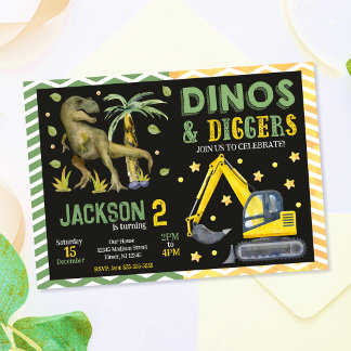 Dinosaurier und Baumaschinen-Dinos Geburtstag Einladung