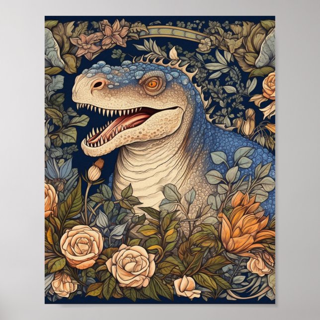 Dinosaurier und Blume Jugendstil Poster (Vorne)