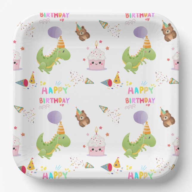 Dinosaurier und Cupcake Happy Birthday Design Pappteller (Vorderseite)