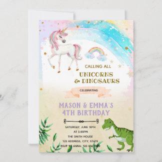 Dinosaurier und Einhorn-gemeinsame Geburtstagseinl Einladung