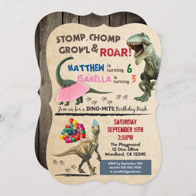 Dinosaurier und Tutu Einladung zum Geburtstag (Vorne/Hinten)