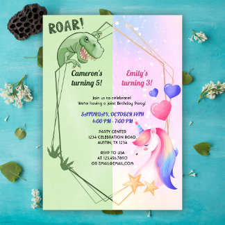 Dinosaurier und Unicorn Joint Boy Girl Birthday Pa Einladung