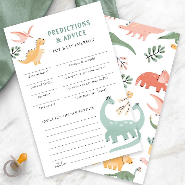 Dinosaurier-Vorhersagen und Ratschläge (Dinosaur Theme Baby Shower Predictions and Advice Card by Painted Paperie
)