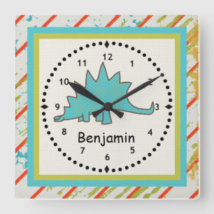 Dinosaurier-Wand-Uhr Blauer Stegosaurus Quadratische Wanduhr