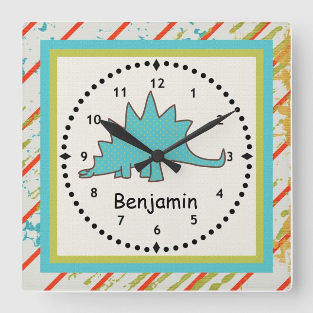 Dinosaurier-Wand-Uhr Blauer Stegosaurus Quadratische Wanduhr (Vorderseite)