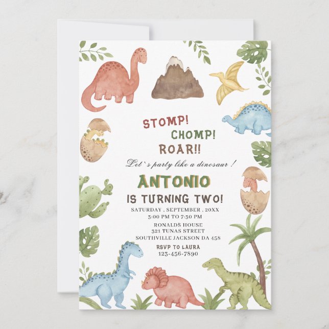 Dinosaurier Wasserfarbe Magen-Chomp-Brühe Geburtst Einladung (Vorderseite)