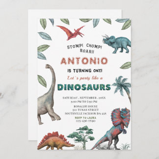 Dinosaurier Wasserfarbe Magen-Chomp-Brühe Geburtst Einladung