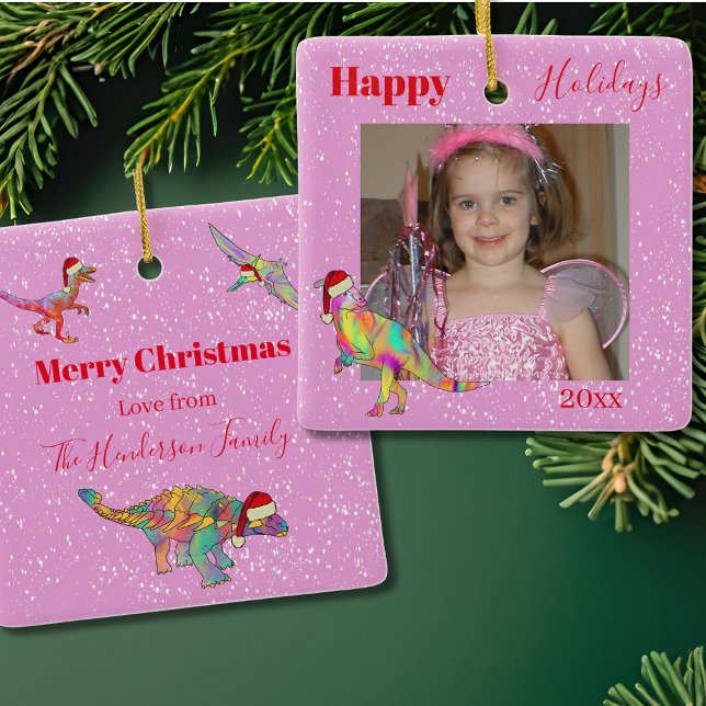 Dinosaurier Weihnachts-Foto Personalisiert rosa Keramikornament (Personalized girl name christmas dinosaur pink tree ornament )