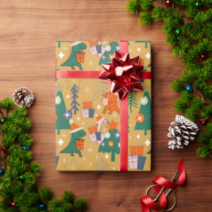 Dinosaurier Weihnachts-Party Gelb Geschenkpapier