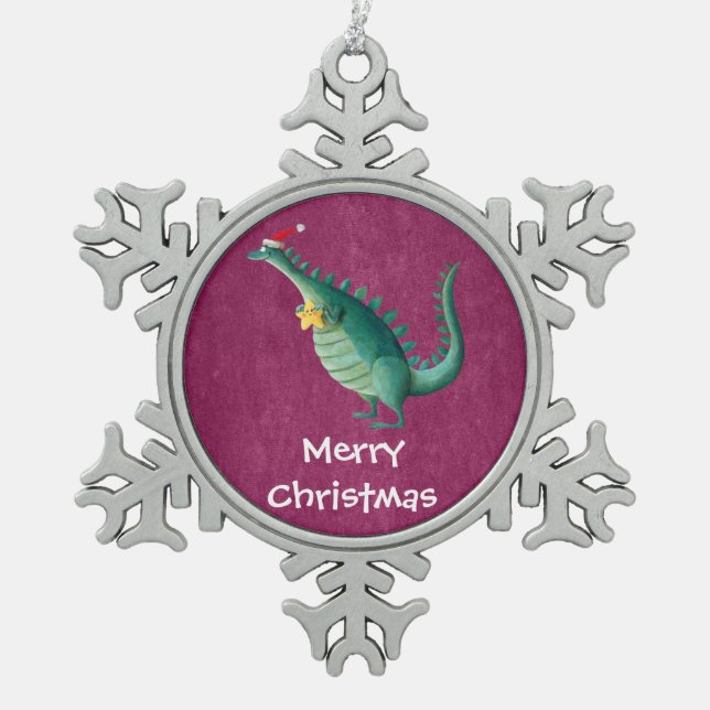 Dinosaurier - Weihnachtsmann-Helfer Schneeflocken Zinn-Ornament (Vorderseite)