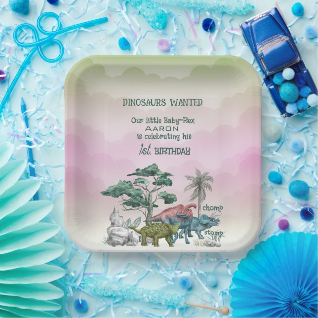 Dinosaurier Wollte den ersten Geburtstag des Babys Pappteller (Party)