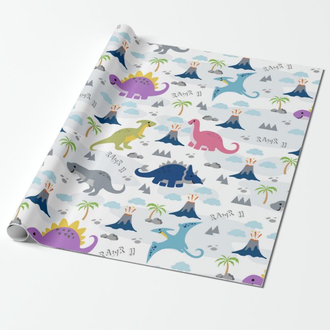 Dinosaurier Wrapping Paper - Farbige Dinosaurier u Geschenkpapier (Ungerollt)