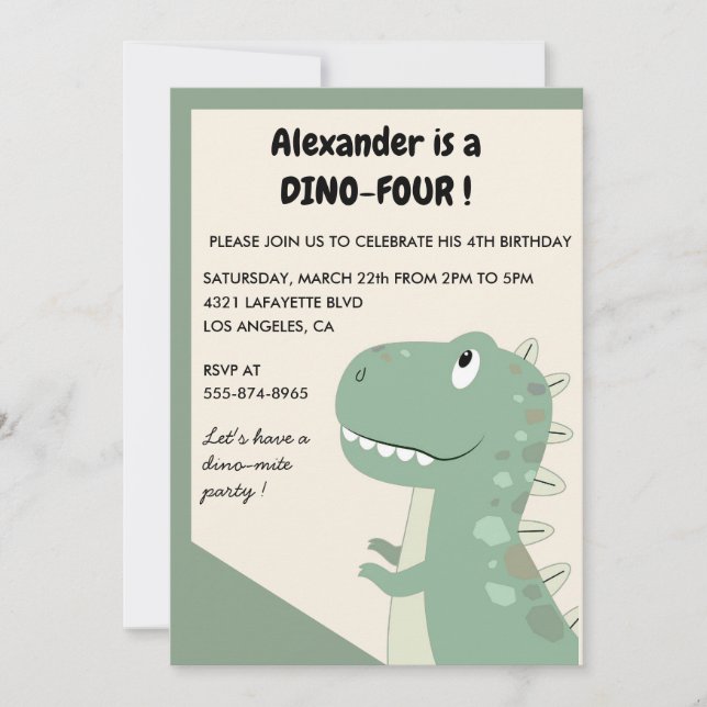 Dinosaurier zum 4. Geburtstag Einladungen für grün (Vorderseite)