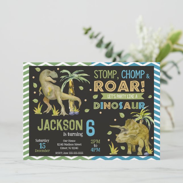 Dinosaurs Birthday Invitation | T-rex | Triceratop Einladung (Stehend Vorderseite)