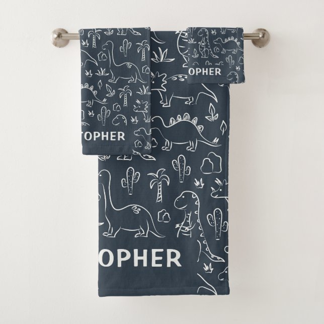 Dinosaurs Boy Name Dino Cute Jungle Dark Blue Badhandtuch Set (Insitu)