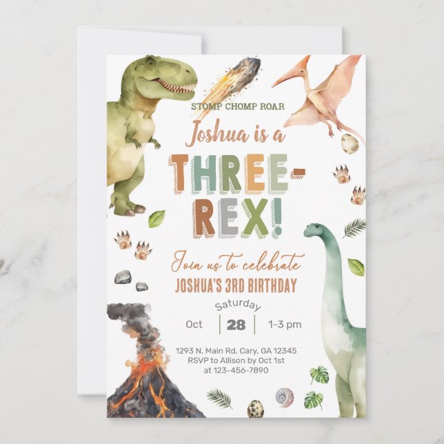 Dinosaurs Three-Rex boy 3rd birthday invite. Einladung (Vorderseite)
