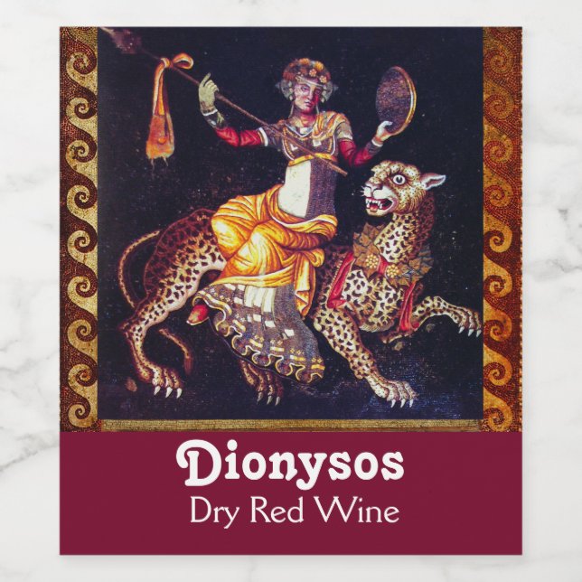 DIONYSOS MIT EINER SPEAR REITENDEN LEOPARD-griechi Weinetikett (Einzelnes Label)