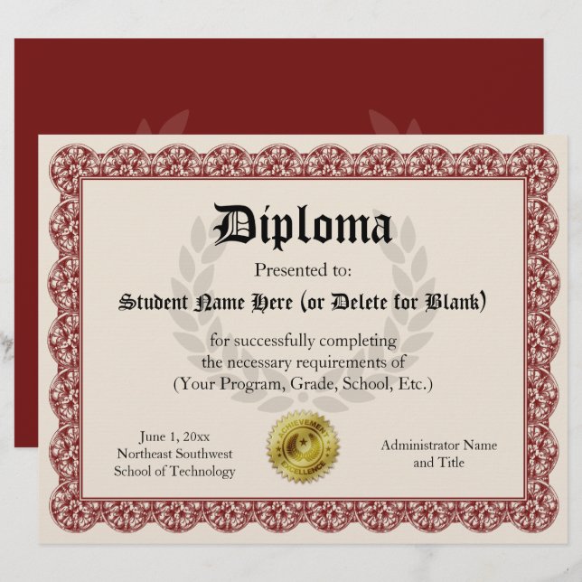 Diploma Certificate of Abschluss Red 8.5x11 (Vorne/Hinten)