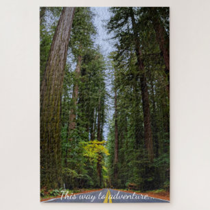 Direkte Straße vor dem Misty Redwood Wald Puzzle