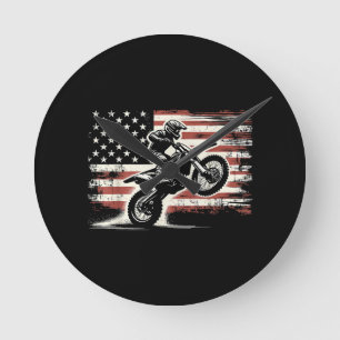 Dirt Bike American Flag Motocross Biker Vintag USA Runde Wanduhr