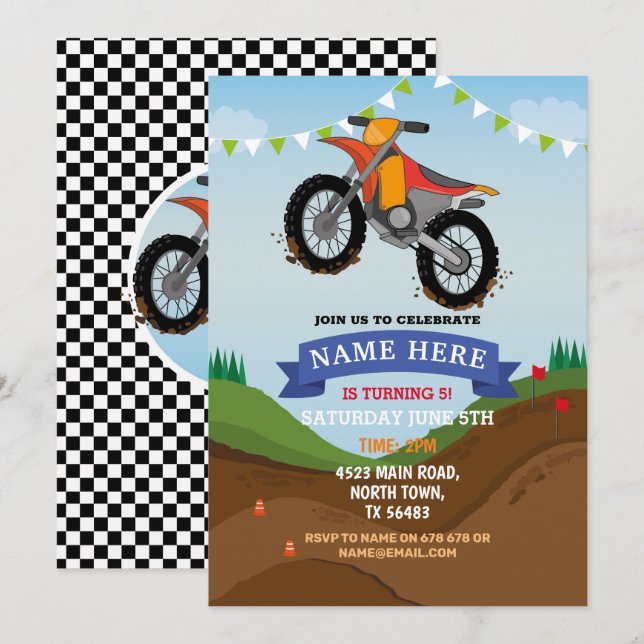 Dirt Bike Birthday Einladung zum Reiten Schlammspu (Vorne/Hinten)