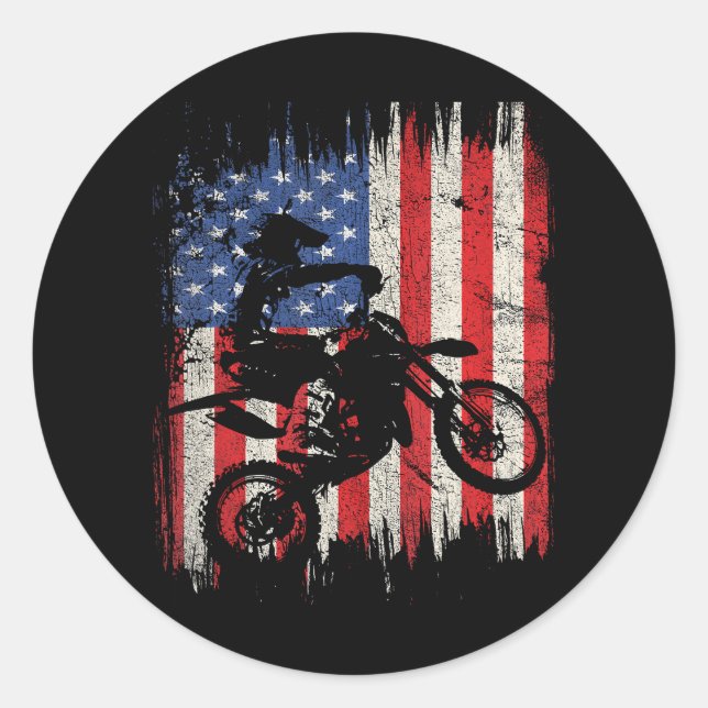Dirt Bike Motocross USA American Flag Patriotic Runder Aufkleber (Vorderseite)