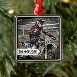 Dirt Bike Racer Personalisiert Name Foto Silbernes Ornament