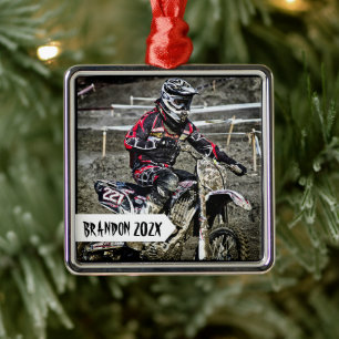 Dirt Bike Racer Personalisiert Name Foto Silbernes Ornament
