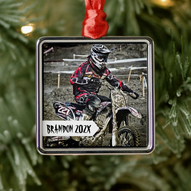 Dirt Bike Racer Personalisiert Name Foto Silbernes Ornament (Baum)