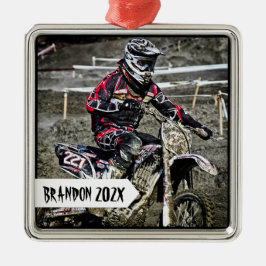 Dirt Bike Racer Personalisiert Name Foto Silbernes Ornament