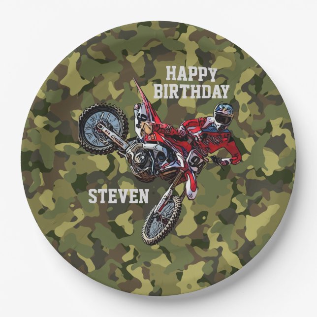 Dirt Bike Red Birthday Sport Motorrad Coole Camouf Pappteller (Vorderseite)